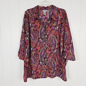 Catherines Paisley Printed Button Up Top Size 3X 26/28W Pink Purple Roll Tab